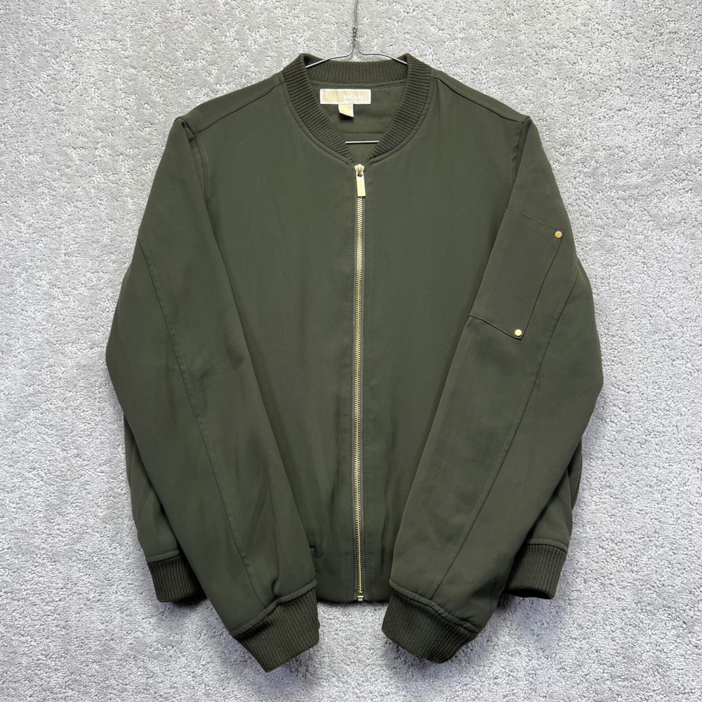Michael Kors Jacket Womens Large Olive Green‎ Gold Zip Bombet Utility Polyester